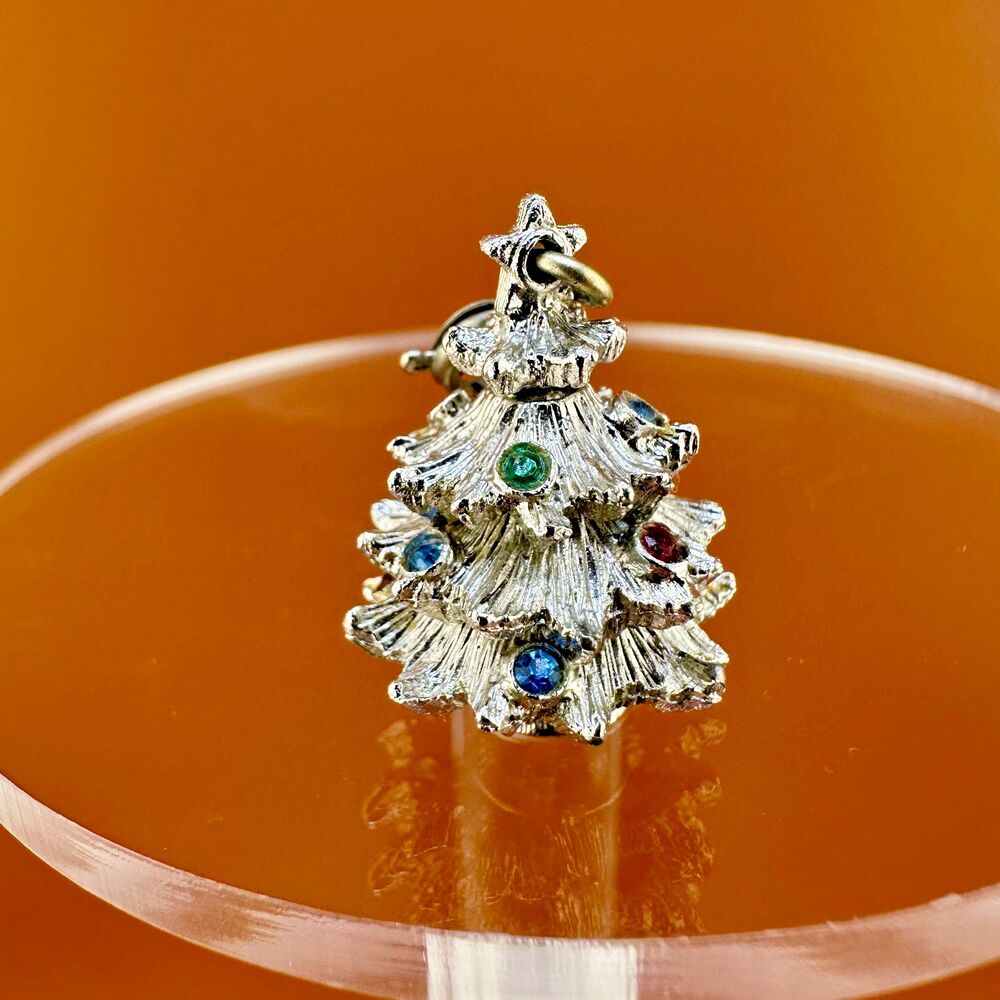 Vintage Monet Christmas Tree Charm Pendant Silver Tone Multicolor Rhinestone